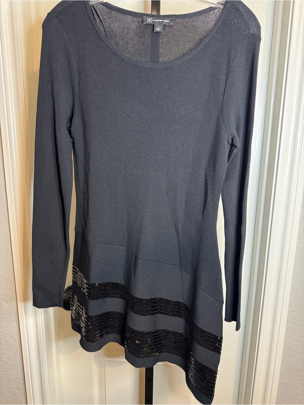 INC International Concepts Black Long-Sleeve Tunic with Sequin Hem Stripe
